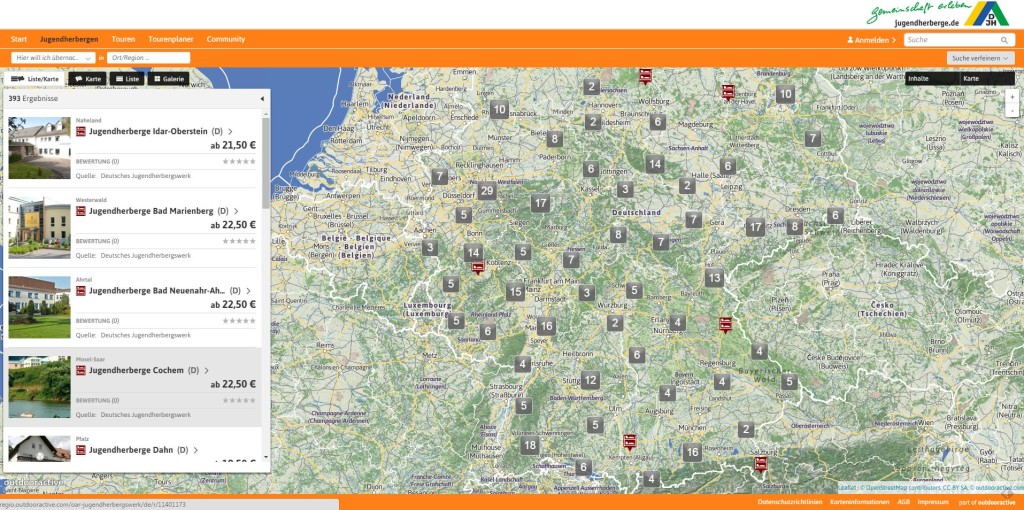 Alle Jugendherbergen Deutschlands übersichtlich auf einer Karte dargestellt. • Outdooractive Blog